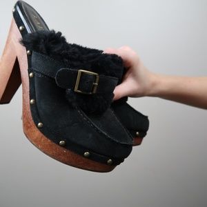 Ralph Lauren Black Suede Shearling Clog Heels with Brown Wood Platform